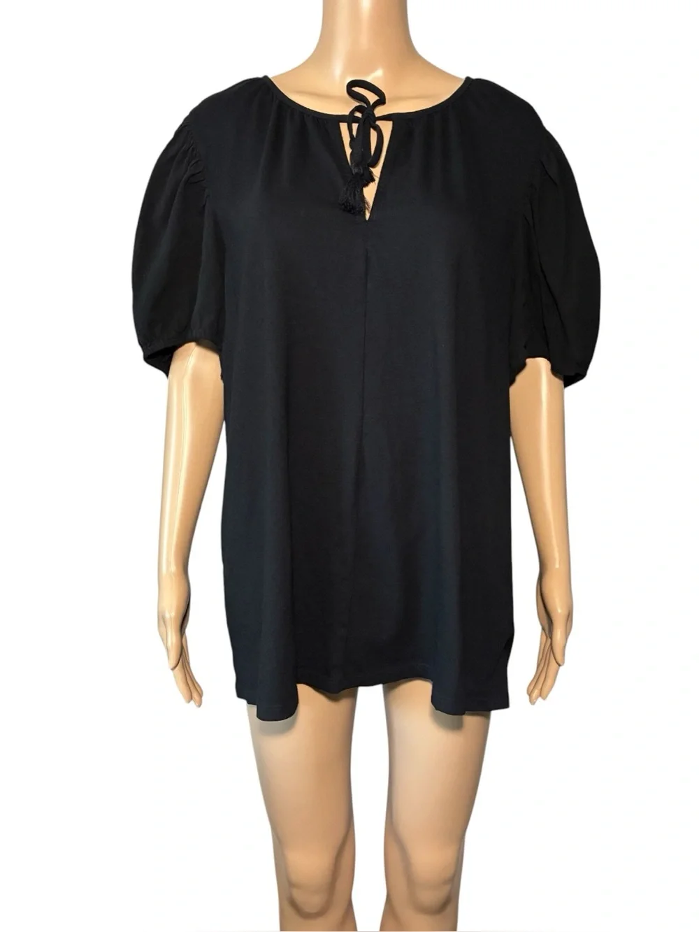 Style & Co Women's Tunic Blouse 3X Black Keyhole Tie Puff Sleeve Cotton Blend